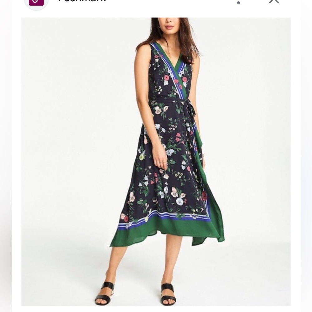 Ann Taylor Black Floral Midi Dress with Green Border size 10